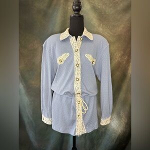 Vintage Lacy Afternoon Blue Button-Down Shirt with Lace & Floral Details